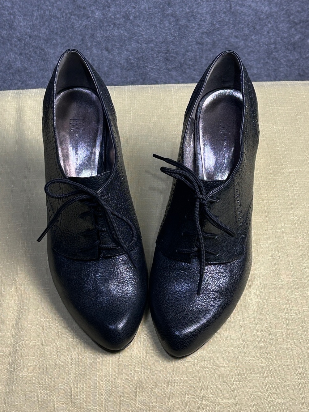 INC Women's 6.5 Black Leather Broque Oxford Laces Pointed-Toe Heels Retro Granny